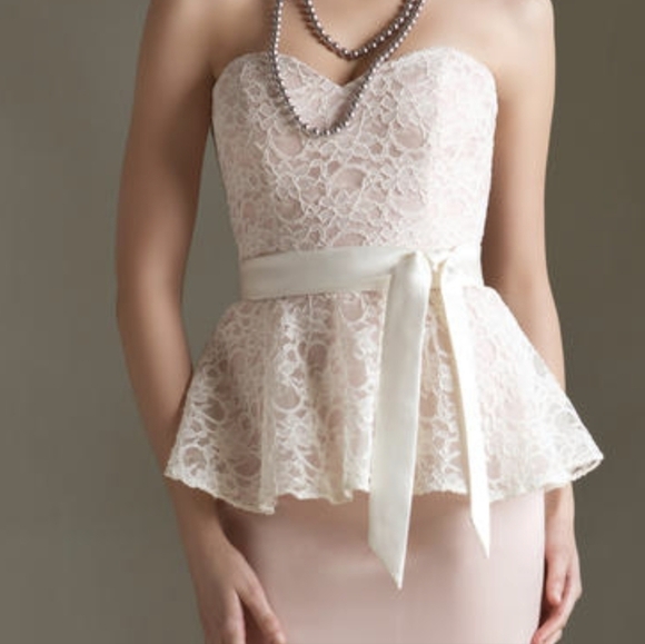 MORI LEE blush lace peplum strapless bridesmaid gown - Picture 2 of 14